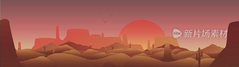 沙漠全景仙人掌和Mesa -矢量插图